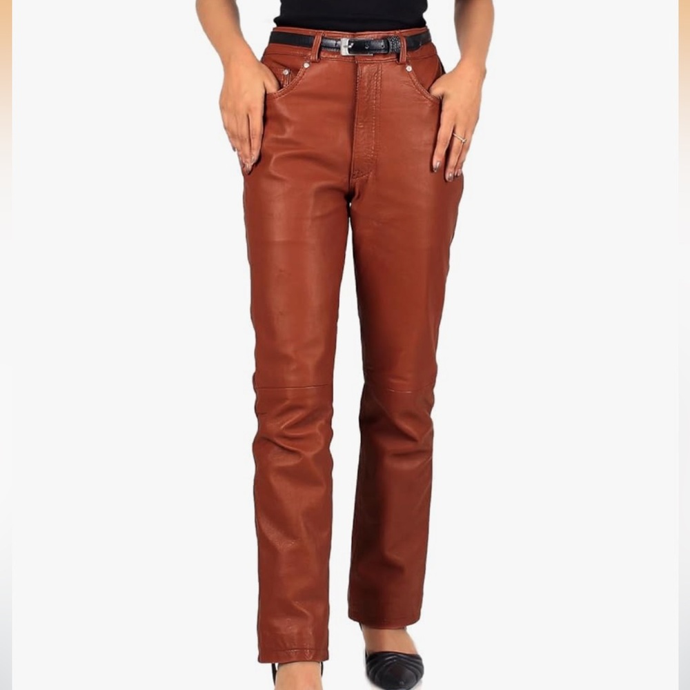 Laverapelle Women’s Straight Cut Genuine Lambskin Tan Leather Pants